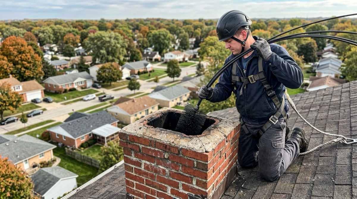 Brushing the flue from the roof of a Spokane home