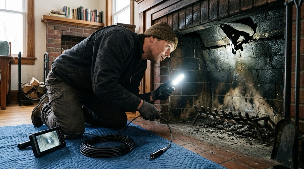 Camera inspection of the flue and smoke chamber from the firebox